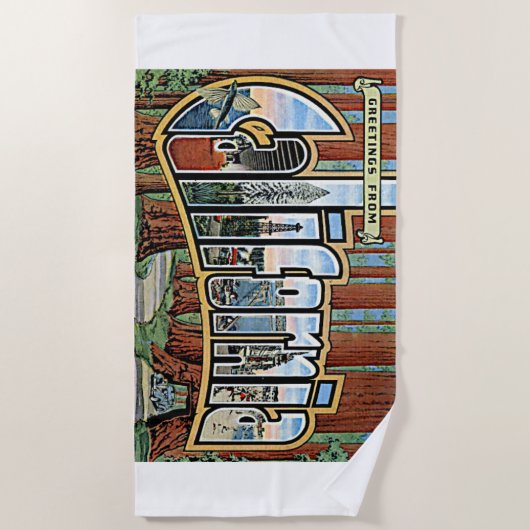 カリフォルニア州グリーティングスレトロウェストコーストアート ビーチタオル (正面)