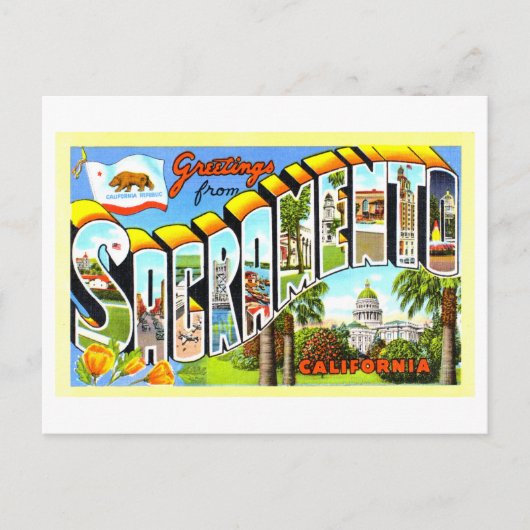 カリフォルニア州サクラメントからのヴィンテージ挨拶 ポストカード (正面)
