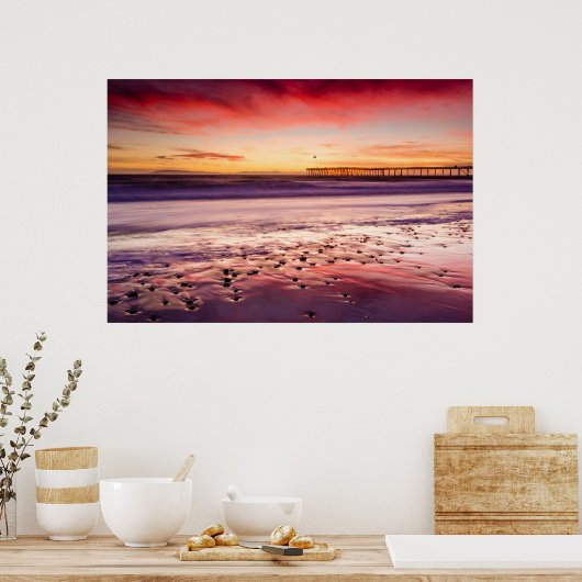 カリフォルニア州サンセットの海の岬と桟橋 ポスター (キッチン)