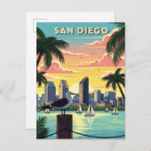 カリフォルニア州サンディエゴのシーガル付きスカイライン ポストカード (正面/裏面)