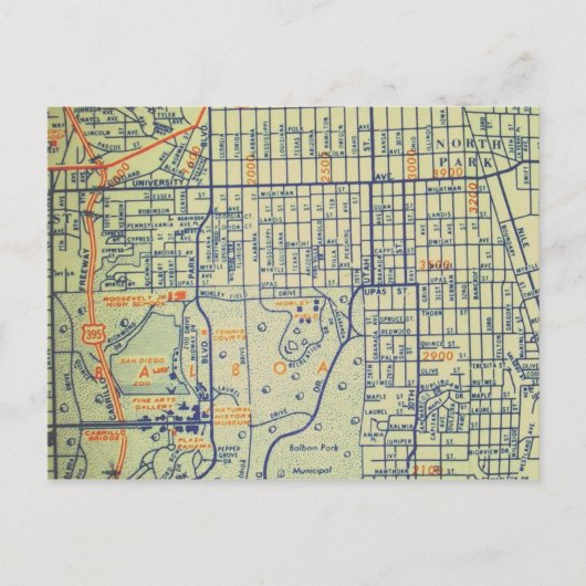 カリフォルニア州サンディエゴのヴィンテージマップ ポストカード (正面)