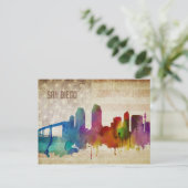 カリフォルニア州サンディエゴ |水彩都市スカイライン ポストカード (スタンド正面)