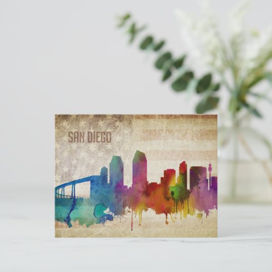 カリフォルニア州サンディエゴ |水彩都市スカイライン ポストカード (スタンド正面)