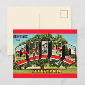 カリフォルニア州チコのレトロなグリーティング ポストカード (正面/裏面)