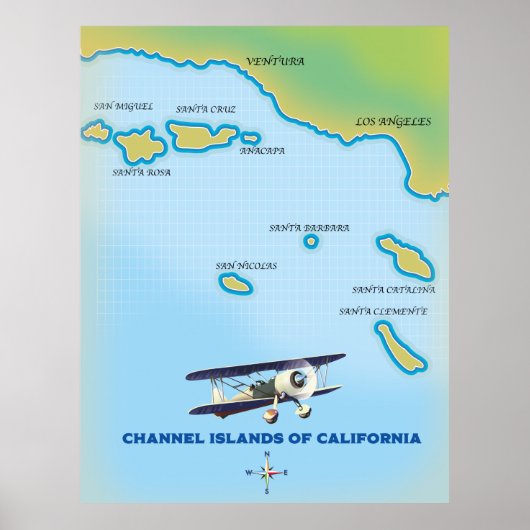 カリフォルニア州チャンネル諸島の地図 ポスター (正面)