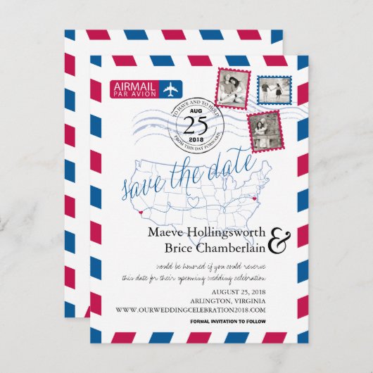 カリフォルニア州バージニア州の所在地Airmail日付を保存 案内ポストカード (正面/裏面)