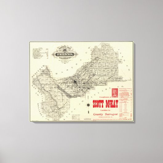 カリフォルニア州フレスノ郡の地図 キャンバスプリント (正面)