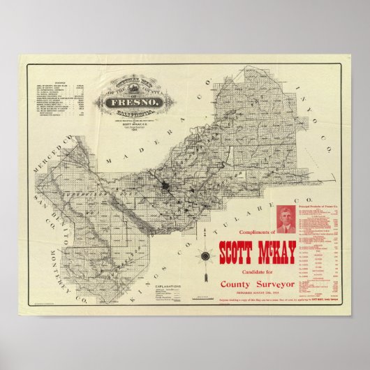 カリフォルニア州フレスノ郡の地図 ポスター (正面)