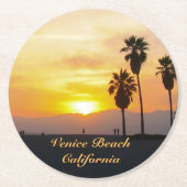 カリフォルニア州ベニスビーチの夕焼け お土産用丸型ポストカード ラウンドペーパーコースター (正面)