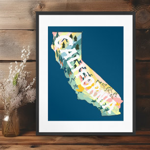 カリフォルニア州図解入りの、写真付きのマップ ポスター