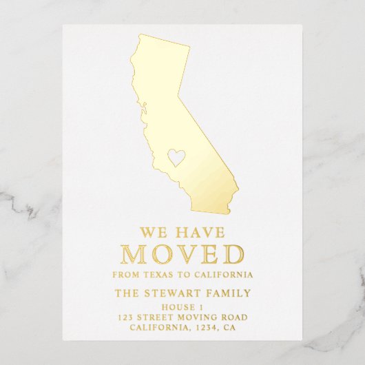 カリフォルニア州地図金ゴールドハートホーム移動 箔招待状ポストカード (正面)