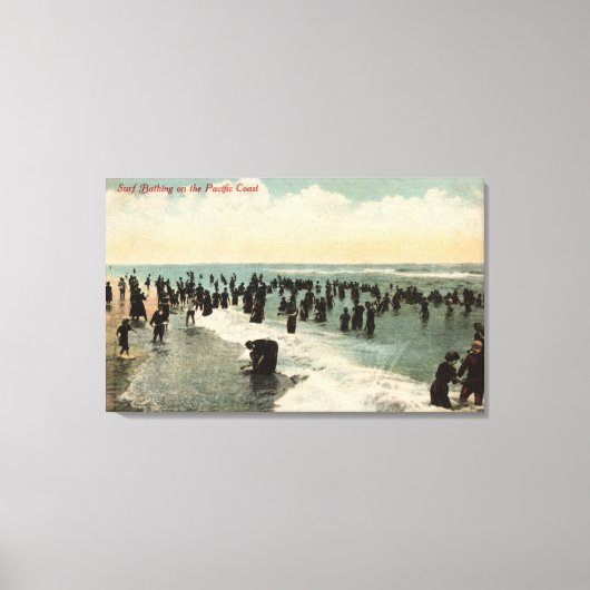 カリフォルニア州太平洋岸で泳ぐ群衆 キャンバスプリント (正面)