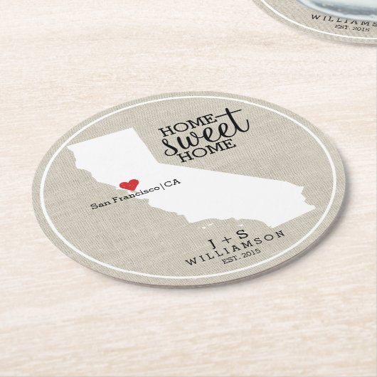 カリフォルニア州愛家の甘い家のカスタムな地図 ラウンドペーパーコースター (アングル)