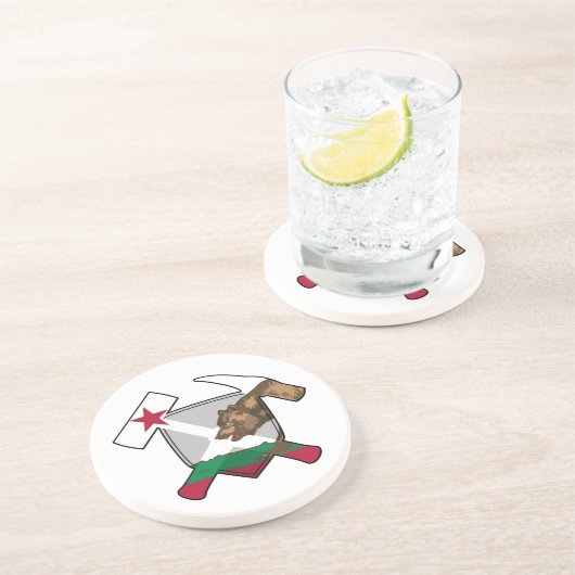 カリフォルニア州旗と地質学者のロックハンマーのロゴ コースター (側面)