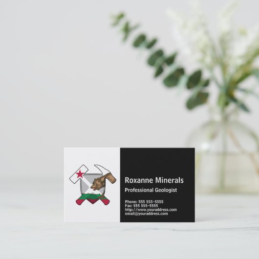 カリフォルニア州旗と地質学者のロックハンマーのロゴ 名刺 (スタンド正面)