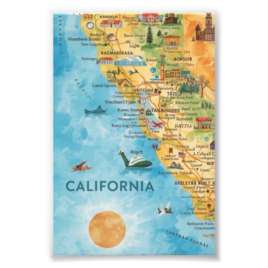 カリフォルニア彩色水彩画地図アート フォトプリント            (正面)