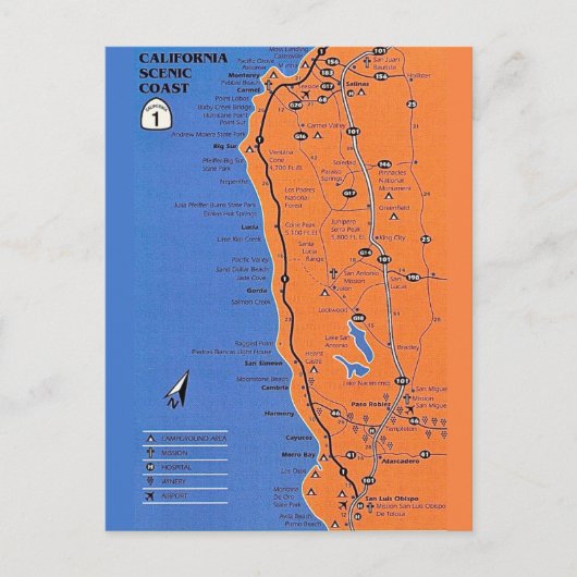 カリフォルニア海岸マップ ポストカード (正面)