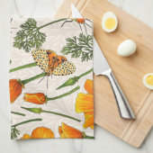 カリフォルニア産のケシと蛾が白い上に2 キッチンタオル (四つ折り)