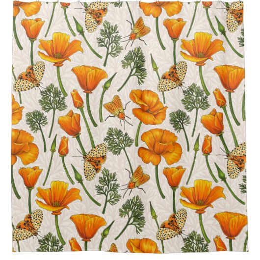 カリフォルニア産のケシと蛾が白い上に2 シャワーカーテン (正面)