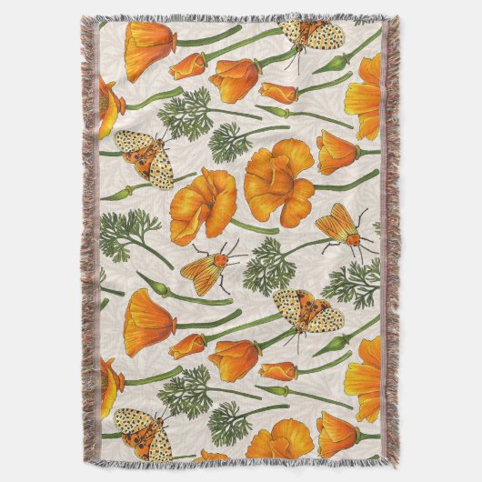 カリフォルニア産のケシと蛾が白い上に2 スローブランケット (正面縦)