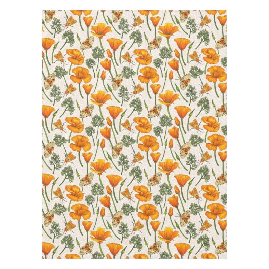 カリフォルニア産のケシと蛾が白い上に2 テーブルクロス (正面)