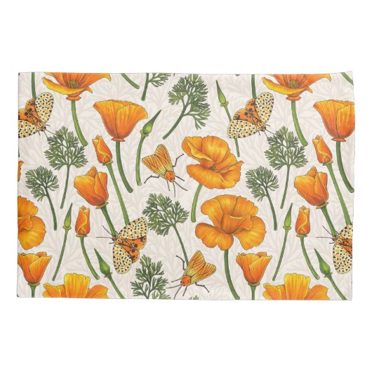 カリフォルニア産のケシと蛾が白い上に2 枕カバー (裏面-左)