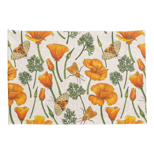 カリフォルニア産のケシと蛾が白い上に2 枕カバー (裏面-右)