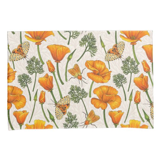 カリフォルニア産のケシと蛾が白い上に2 枕カバー (正面右)