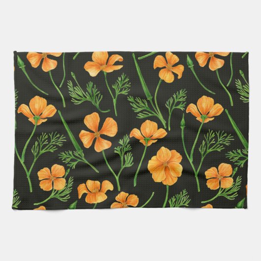 カリフォルニア産のケシ、夏期の花、オレンジ色のウィル キッチンタオル (横)
