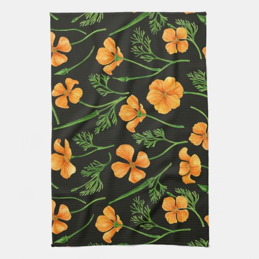 カリフォルニア産のケシ、夏期の花、オレンジ色のウィル キッチンタオル (縦)