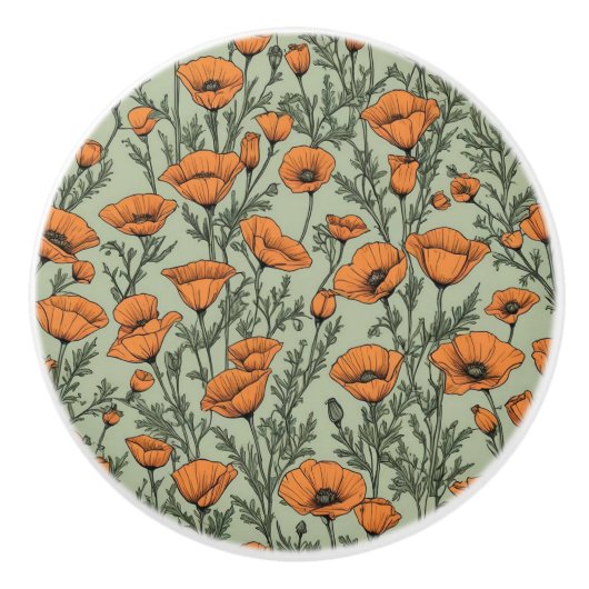 カリフォルニア産ポピーのオレンジ色の花のパターン セラミックノブ (正面)