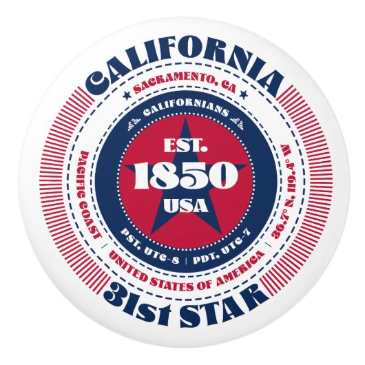 カリフォルニア米州赤白青タイポグラフィ セラミックノブ (正面)