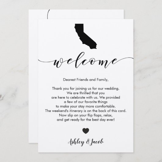 カリフォルニア結婚式の歓迎の手紙及び旅程カード プログラム (正面/裏面)