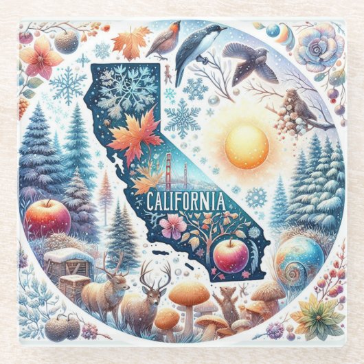 カリフォルニア自然冬のクリスマス ガラスコースター (正面)