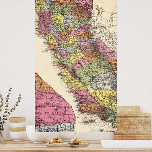 カリフォルニア1891年ヴィンテージ地図ポスター ポスター (キッチン)