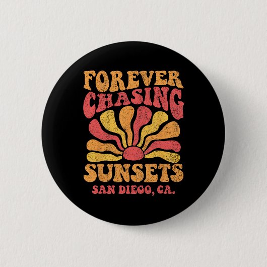 カリフォルニア サンディエゴ ビーチの夕日を永遠に追いかけて 缶バッジ (正面)