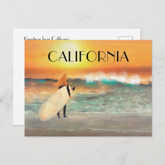 カリフォルニア サーファーガール ビーチ サンセット ポストカード (正面/裏面)