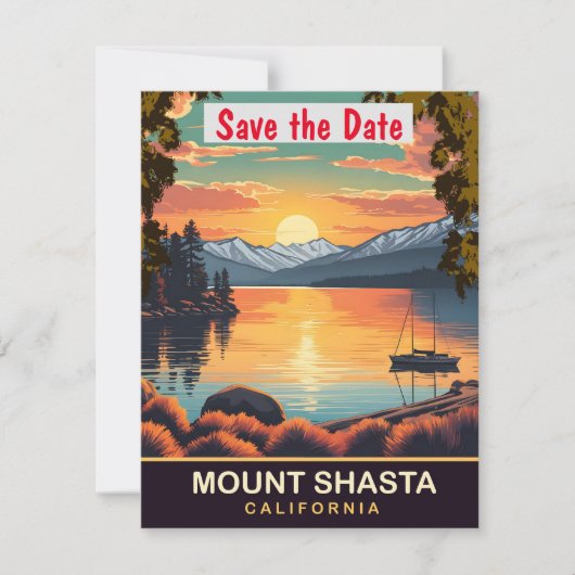 カリフォルニア シャスタ山の頂上の結婚式の招待状 セーブザデート (正面)