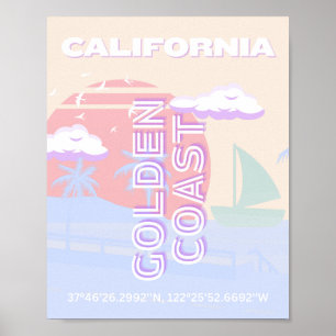 カリフォルニア、ビーチ、トラベルアート、パステル名門私立校風のホテル ポスター