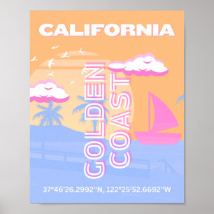 カリフォルニア、ビーチ、トラベルアート ポスター