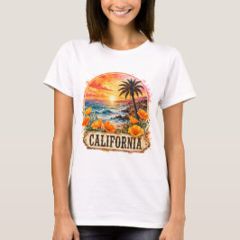 カリフォルニア ビーチ フラワー トロピカル 水彩 デザイン Tシャツ