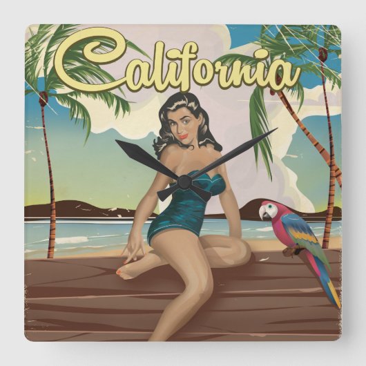 カリフォルニア モデル 復古的旅行ポスター スクエア壁時計 (正面)