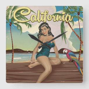 カリフォルニア モデル 復古的旅行ポスター スクエア壁時計