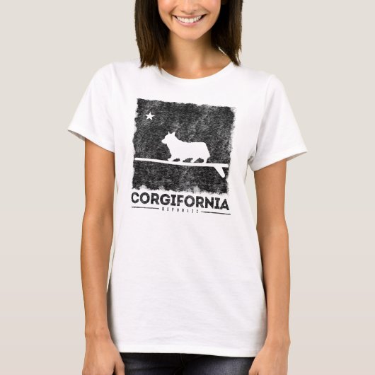 カリフォルニアCorgiforniaコーギーのサーフボードのTシャツ Tシャツ (正面)