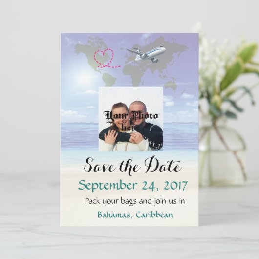 カリブのな行先の結婚式の保存日付カード セーブザデート (スタンド正面)