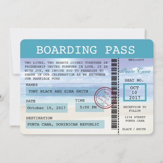 カリブのなDreamzの結婚式の搭乗券の招待状 招待状 (正面)