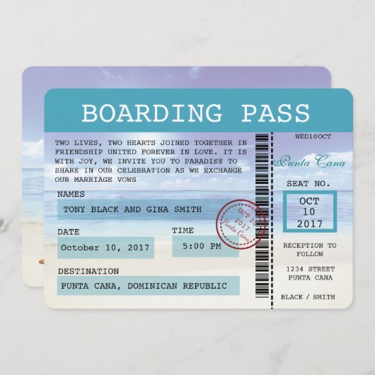 カリブのなDreamzの結婚式の搭乗券の招待状 招待状 (正面/裏面)