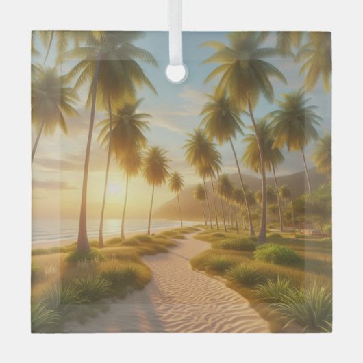 カリブの/トロピカル/ハワイアンビーチ夕日 ガラスオーナメント (正面)