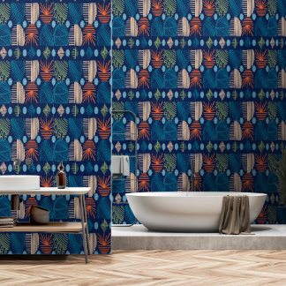 カリブのTribal Mudcloth:フェスティバルブルー、オレンジ 壁紙