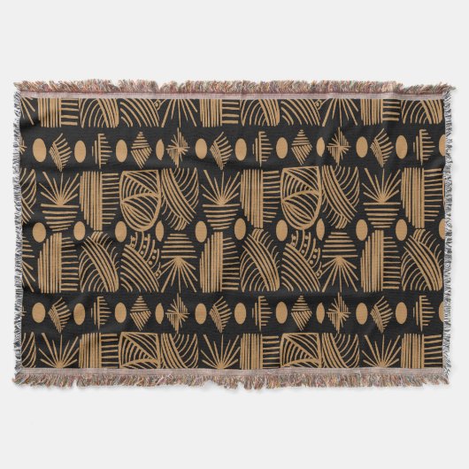 カリブのTribal Mudcloth：ブラック、金ゴールド スローブランケット (正面)